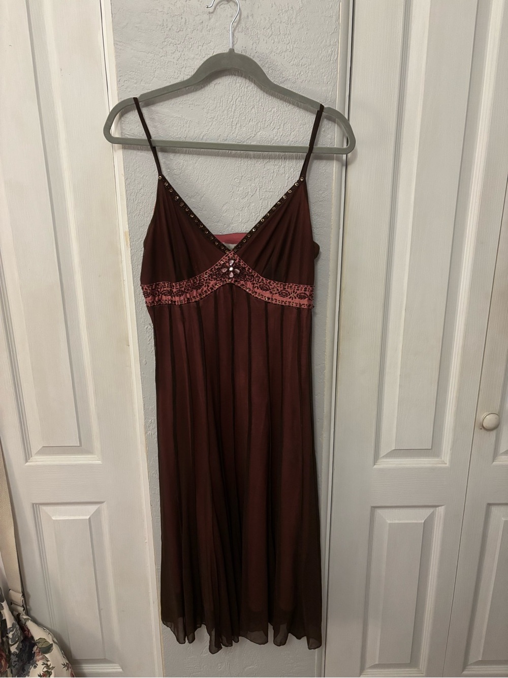 Vintage Y2K ICE Pink and Brown Mesh Overlay Beaded Accent Midi Dress Size 6